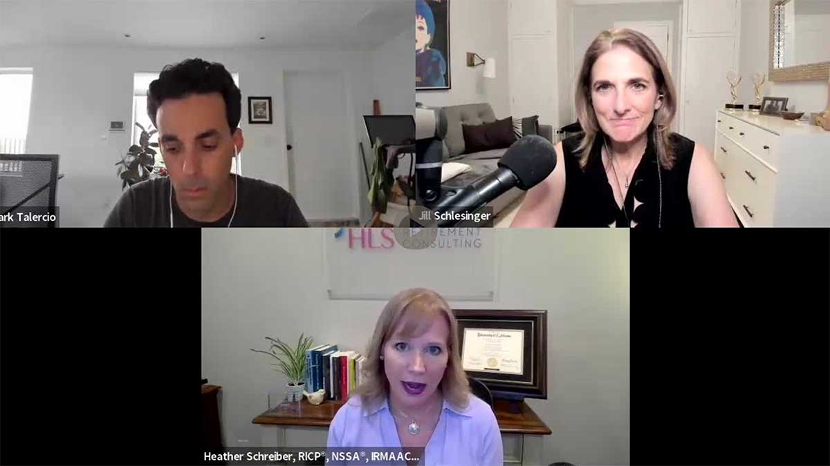 Three people are participating in a virtual meeting. The top left person, wearing a dark shirt, looks down. The top right person, wearing a black top, smiles while speaking into a microphone—possibly Jill on Money. The bottom person, Heather Schreiber in a light blue top, sits in a home office setting. All are engaged in discussion.