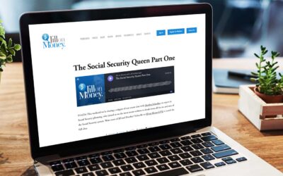 Laptop displaying an article titled "The Social Security Queen Part One" on the Jill on Money website. The screen shows a podcast player. The laptop is on a wooden table beside small potted plants.